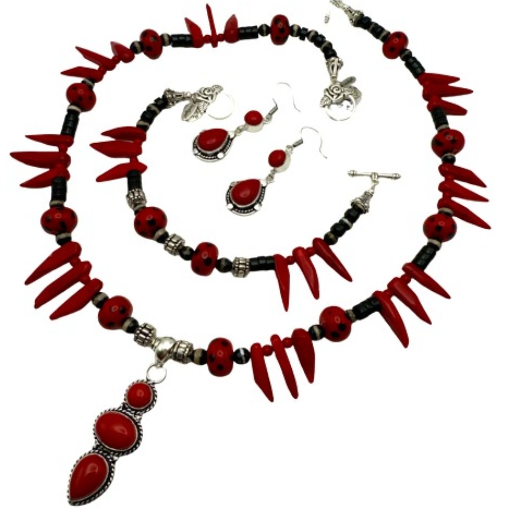 Handmade Jewelry Set - Red Coral - Striped Onyx, Black Onyx, Lampwork & Pewter